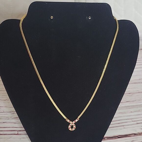 Goldtone Herringbone Chain with Red and White Ribbon Charm - Picture 4 of 6